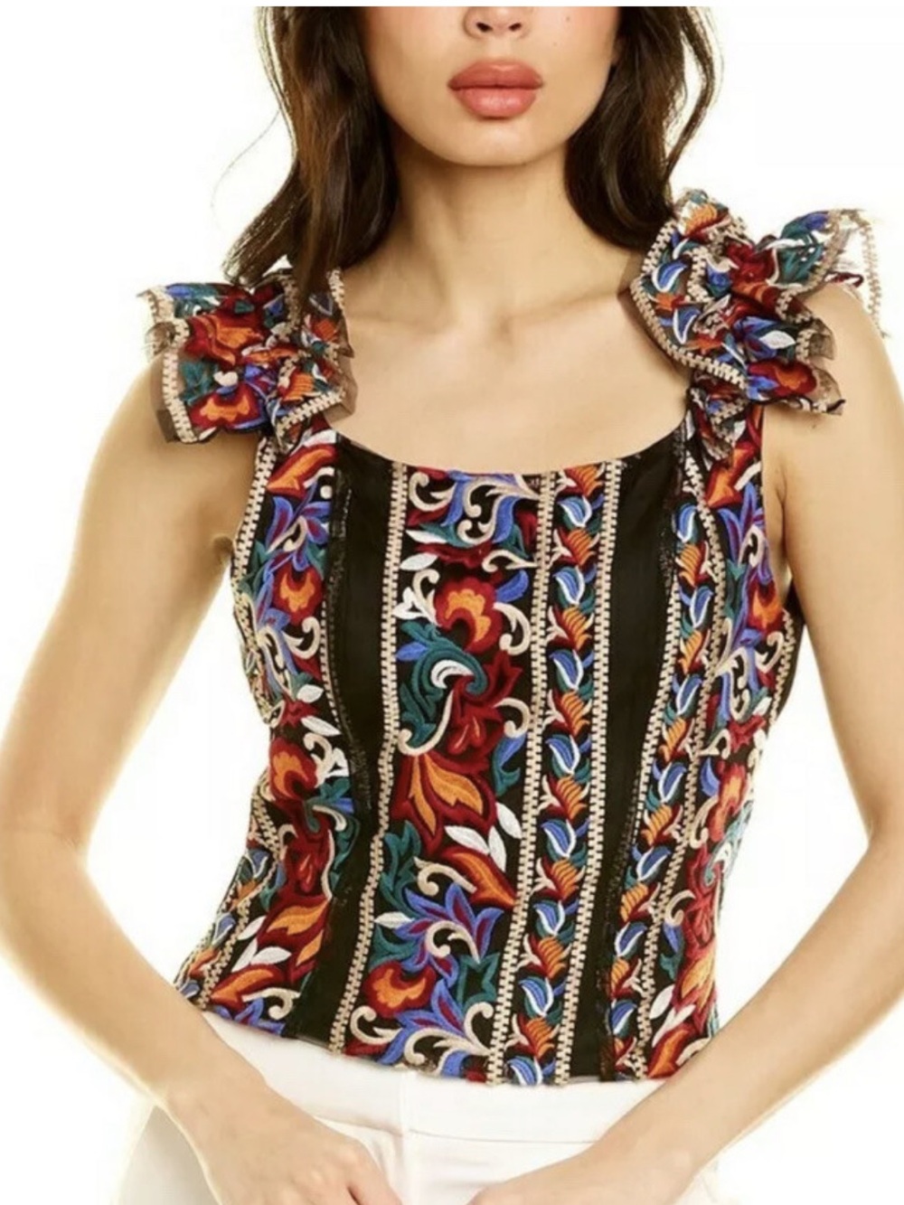 Anthropologie Eva Franco Floral Embroidered Ruffled Corset Top Womens S Boho